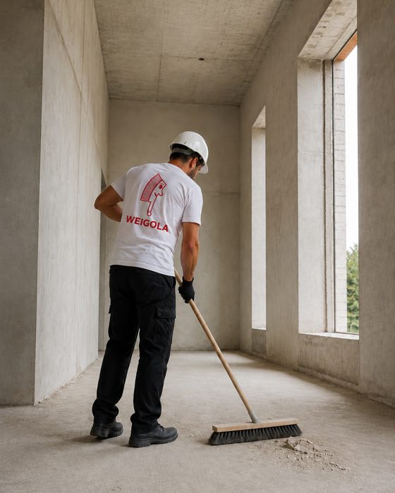 Person kehrt den Estrichboden in einem Rohbau