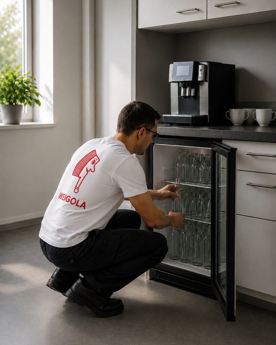 Getränkekühlschrank in einer Büroküche wird aufgefüllt