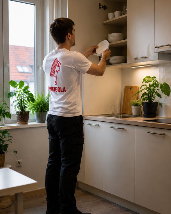 Haushaltshilfe räumt Geschirr in einen Küchenschrank