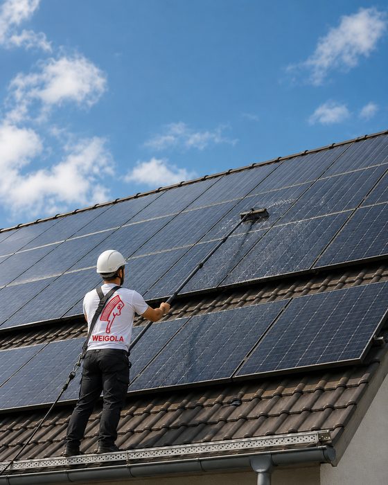 Photovoltaikmodule auf einem Schrägdach werden gereinigt
