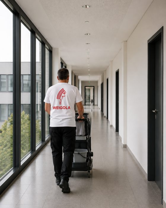Reinigungskraft mit Reinigungswagen im Flur eines Bürogebäudes