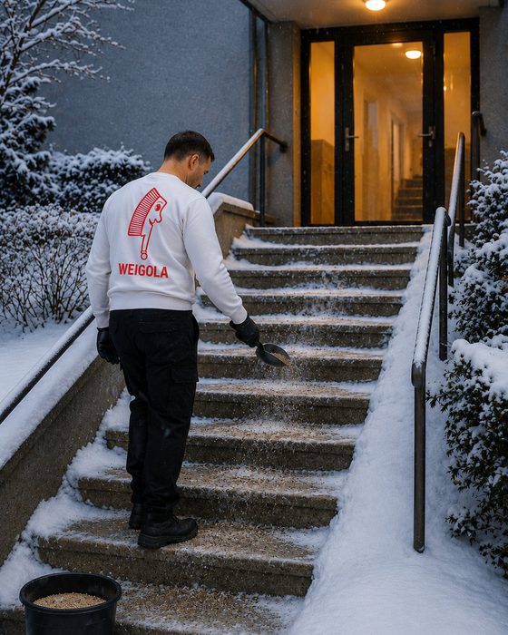 Verschneite Treppe an einem Hauseingang wird mit Streugut behandelt